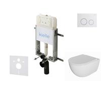 kielle Genesis New - Conjunto de instalación empotrada, inodoro Oudee Rimless, asiento soft-close y placa de descarga Gemini New II, blanco brillante/cromo 30528SZ04