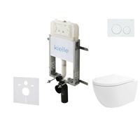 kielle Genesis New - Conjunto de instalación empotrada, inodoro Oudee, Vortex Rimless+, asiento softclose y pulsador Gemini New I, blanco brillante 30528SZ19