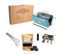KIKIRIKIT - Barbacoa carbón - Barbacoa portátil carbón- Barbacoa plegable - Kit Barbacoa - Accesorios Camper- Regalo original - Regalos para padres (Turquesa, Super Kit)