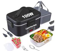 Kimfead Fiambrera Electrica Con Pantalla Temperatura Calentador de Comida Portatil 80W 1,8l Acero Inoxidable Taper Electrico 12V/24V/230V para Camiones/Coches/Oficinas,con Bolsa(Negro)