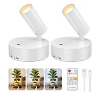 Kimjo Aplique Pared Interior sin Cable Recargable USB Focos de Pared Blanco | 2 Pieza Lámpara de Pared Interior a Pilas, 350° Giratorio Foco LED Inalámbrico con Mando a Distancia para Planta, Obra Arte