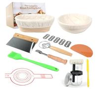 KinConnyen.® Kit de inicio para masa madre natural. Cesta redonda y ovalada para fermentación natural, 100% mimbre natural, recipiente para masa madre de 600 ml, cuchilla para pan, batidor para masa