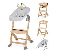 Kinderkraft ENOCK Trona bebé de Madera + Hamaca Bebé CALMEE, portatil, para niños, Silla alta Infantil, Evolutiva, Ergonómica, Barrera y Bandeja, Gris