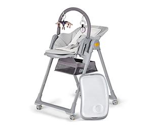 Kinderkraft LASTREE Trona Bebé de madera evolutiva plegable, Hamaca para bebés con Arco 2 juguetes, Asiento reposapiés ajustable, Posición tumbada, Gris