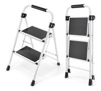 KINGRACK Escalera de 2 escalones, Escalera Plegable con Pedal Antideslizante y Ancho,pequeña con asa, Acero Resistente, Escalera Ligera y portátil, Color Blanco