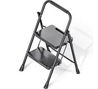 KINGRACK Escalera de 2 escalones, taburete plegable con diseño de bloqueo seguro, escalera de acero resistente de 500 libras con pedal antideslizante ancho, pasamanos conveniente para el hogar y la