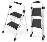 KINGRACK, escalera de 2 peldaños, pequeña, con superficie antideslizante y plataforma ancha, color blanco, con barandillas