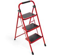 KINGRACK Escalera de 3 escalones, Escalera Plegable con Pedal Antideslizante y Ancho, pequeña con asa, Escalera de Acero Resistente, Ligera y portátil, Color Rojo