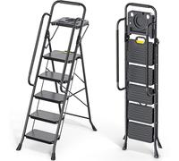 KINGRACK Escalera de 5 escalones, Taburete de Acero Resistente con Pedales Anchos Antideslizantes, pasamanos, diseño de Bloqueo Seguro, Prueba de Carga de 800 Libras, Escalera portátil Plegable para