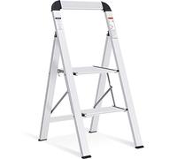 KINGRACK Escalera de Tijera 2 Peldaños, Escalera de Tijera Plegable con Barandilla, Escalera Doméstica Antideslizante con Mecanismo Antiplegado, Taburete de Aluminio, Carga Máxima de 150 kg, Plata