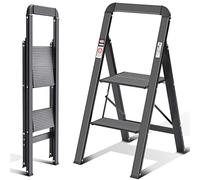 KINGRACK Escalera de Tijera 2 Peldaños, Escalera de Tijera Plegable con Barandilla, Escalera Doméstica Antideslizante con Mecanismo Antiplegado, Taburete de Aluminio, Carga Máxima de 150 kg, Negro