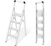KINGRACK Escalera de Tijera 4 peldaños Plegable de Aluminio, Escalera Doméstica Estrecha con Pasamanos, Mecanismo Antiplegado, Uso Hogar Cocina Despensa Oficina, Ahorro de Espacio y Portátil, Plata