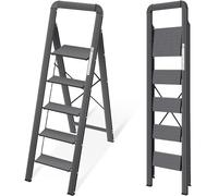 KINGRACK Escalera de Tijera 5 peldaños Plegable de Aluminio, Escalera Doméstica Estrecha con Pasamanos, Mecanismo Antiplegado, Uso Hogar Cocina Despensa Oficina, Ahorro de Espacio y Portátil, Negro