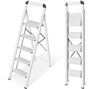 KINGRACK Escalera de Tijera 5 peldaños Plegable de Aluminio, Escalera Doméstica Estrecha con Pasamanos, Mecanismo Antiplegado, Uso Hogar Cocina Despensa Oficina, Ahorro de Espacio y Portátil, Plata