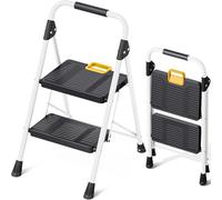 KINGRACK Escalera Plegable 2 Peldaños, Carga hasta 150 kg, con Bloqueo de Seguridad, Pedales Anchos Antideslizantes, Pasamanos, Escalera Doméstica Ligera de Acero Hogar Cocina Oficina Armarios, Blanco