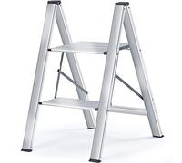 KINGRACK Escalera Plegable 2 Peldaños de Aluminio, Escalera Pequena Plegable Segura de Hogar con Mecanismo Antiplegado, Taburete Escalera Portatil para Cocina Domestica, Peso Máximo 150kg, Plata