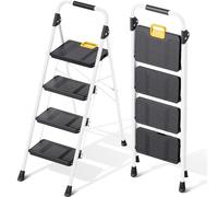 KINGRACK Escalera Plegable 3 Peldaños, Carga hasta 150 kg, con Bloqueo de Seguridad, Pedales Anchos Antideslizantes, Pasamanos, Escalera Doméstica Ligera de Acero Hogar Cocina Oficina Armarios, Blanco