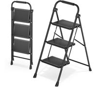 KINGRACK Escalera Plegable 3 Peldaños, Escalera de Tijera con Pedales Antideslizantes Anchos, Barandilla, Escalón Taburete de Acero Portátil Uso Hogar Cocina Oficina, Carga hasta 150 kg, Negro