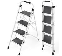 KINGRACK Escalera Plegable 4 Peldaños, Escalera de Tijera con Pedales Antideslizantes Anchos, Barandilla, Escalón Taburete de Acero Portátil Uso Hogar Cocina Oficina, Carga hasta 150 kg, Blanco