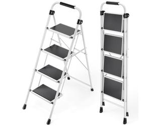 KINGRACK Escalera Plegable 4 Peldaños, Escalera de Tijera con Pedales Antideslizantes Anchos, Barandilla, Escalón Taburete de Acero Portátil Uso Hogar Cocina Oficina, Carga hasta 150 kg, Blanco