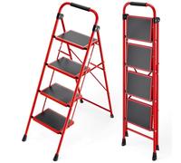 KINGRACK Escalera Plegable 4 Peldaños, Escalera de Tijera con Pedales Antideslizantes Anchos, Manubrio de Esponja, Escalón Taburete de Acero Portátil Uso Hogar Cocina Oficina, Carga hasta 150 kg, Rojo