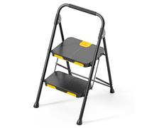 KINGRACK Escalera Plegable de 2 Peldaños con Bloqueo de Seguridad, Escalera de Tijera Doméstica Carga hasta 360kg con Pedal Ancho Antideslizante, Pasamanos, Taburete de Acero, para Hogar Cocina, Negro