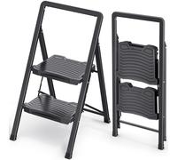 KINGRACK Escalera Plegable de 2 Peldaños - Taburete de Acero con Barandilla, Peldaño Ancho, Capacidad 150kg - Escalera Resistente Plegable para Hogar, Cocina - Negro