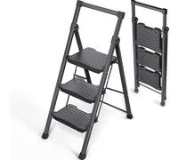 KINGRACK Escalera Plegable de 3 Peldaños Capacidad de 400 kg con Pedales Antideslizantes Anchos, Barandilla, Escalera de Tijera de Acero, Escalón Taburete para Hogar Cocina Oficina, Negro