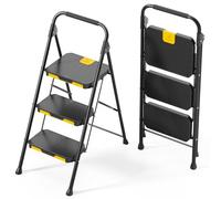 KINGRACK Escalera Plegable de 3 Peldaños con Bloqueo de Seguridad, Escalera de Tijera Doméstica Carga hasta 360kg con Pedal Ancho Antideslizante, Pasamanos, Taburete de Acero, para Hogar Cocina, Negro
