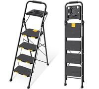 KINGRACK Escalera Plegable de 4 Peldaños con Bandeja de Herramientas e Bloqueo de Seguridad, Carga hasta 360 kg, Escalera Doméstica con Pedal Ancho Antideslizante e Pasamanos, Uso Hogar Cocina, Negro