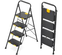 KINGRACK Escalera Plegable de 4 Peldaños con Bloqueo de Seguridad, Escalera de Tijera Doméstica Carga hasta 360kg con Pedal Ancho Antideslizante, Pasamanos, Taburete de Acero, para Hogar Cocina, Negro