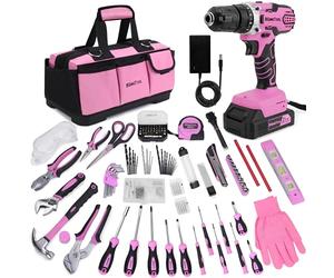 KingTool Juego de herramientas de 267 piezas, juego de herramientas rosa con taladro eléctrico rosa sin varilla de 21 V, kit de herramientas para mujeres con bolsa de almacenamiento de herramientas