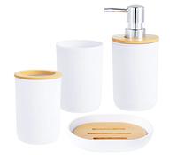Kinsinder 4pcs Accesorios baño, con Botella loción, Soporte para cepillos Dientes, Vaso Enjuague bucal, jabonera, Cubierta bambú Color sólido Apariencia decoración de baño (Blanco)