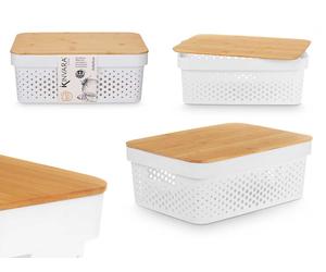 Kinvara Caja Multiusos Perforada con Tapa de Bambú Blanco 14cm