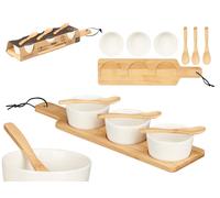 Kinvara Set de 3 Cuencos de Cerámica Blanca con Cuchara y Bandeja de Bambú