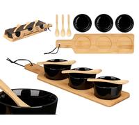 Kinvara Set de 3 Cuencos de Cerámica Negra con Cuchara y Bandeja de Bambú
