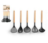KINVARA Set de 5 Utensilios de Cocina PBT y Bambú Marrón