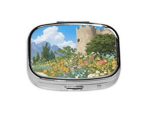 KIRROWE Organizador de pastillas, compacto, elegante y hermoso, ligero y fácil de llevar, muy adecuado para viajes y uso diario. Las flores florecientes debajo del castillo