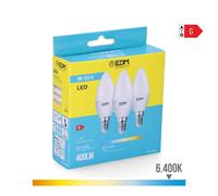 KIT 3 BOMBILLAS VELA LED E14 5W 400lm 6400K LUZ FRIA Ø3,6x10cm EDM