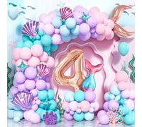 Kit Arco Globos Sirena Cumpleaños 4 año, 125 Piezas Guirnalda De Globos Pastel Morado Rosa Azul Teal Con Número 4 Globo Para Niña Decoraciones Fiesta Temática Cumpleaños Sirena y Océano Bajo el Mar