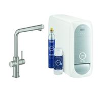 Kit básico monomando de fregadero Grohe Blue Home, 221 mm de alcance, caños en L, con filtro y función de refrigeración, 31454DC1, Color: súper acero
