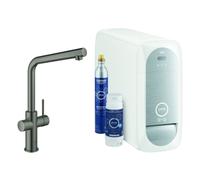 Kit básico monomando de fregadero Grohe Blue Home, 221 mm de alcance, caños en L, con filtro y función de refrigeración, 31454AL1, Color: grafito duro cepillado