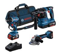 Kit 3 herramientas BOSCH 18V Taladro Destornillador GSR18V-55 + Perforador GHB18V-22 + Amoladora GWS18V-7 + 3 baterías 18V - 4 + Cargador GAL 18V-40 + Bolsa