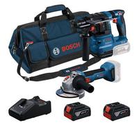 Kit combinado a batería Bosch Professional de 18V, que incluye: taladro percutor GBH 18V-22 SDS-plus, amoladora GWS 18V-7 de 125 mm, y 2 baterías de 5,0 Ah