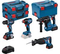 Kit combinado con 4 herramientas de 18V: GSR 18V-90C, GDX 18V-210C, GBH18V-24C, GSA18V-28, y 3 baterías