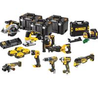 Kit combinado DeWalt de 18V, modelo DCK1012P4T (incluye: DCD796, DCF887, DCS565, DCS382, DCS356, DCS334, DCH172, DCG405, DCE088NG18, DCL040), con 4 baterías de 5,0Ah y 3 cajas TSTAK