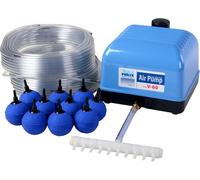Kit completo de bomba de aire Hi-Flow V-60, que incluye distribuidores de aire, 50 metros de manguera de 4 x 6 mm y 10 piedras difusoras de aire de 5 cm. Capacidad a 2 metros: 40 litros por minuto