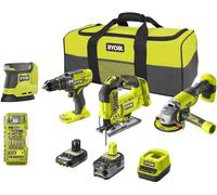 Kit de 4 herramientas de 18V ONE+ RYOBI R18CK4F-252S, que incluye: taladro percutor, amoladora, sierra de calar, lijadora y bolsa de transporte