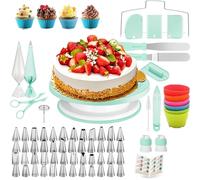 Kit de 90 piezas de suministros de decoración de pasteles con nivelador de mesa giratoria para tartas, 48 puntas de tubería con tabla de patrones, espátula recta y compensada, 20 bolsas de glaseado, 3