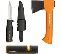 Kit de camping Fiskars, que incluye hacha, cuchillo y afilador (modelo 1057913)